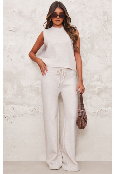 Oatmeal Marl Soft Knit Wide Leg Trousers