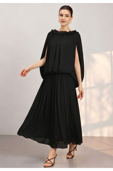Ruffled Neck Cape-Style Chiffon Top and Maxi Skirt Set in Black for Wedding Guest & Evening Events