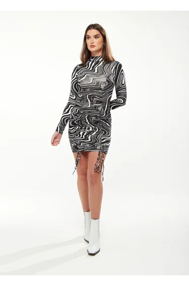 Women's Mini Dress in Black & White Marble Print with High Neck and Long Sleeves.