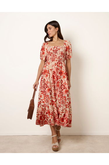 Watercolour Floral Shirred Puff Sleeve Midi Dress