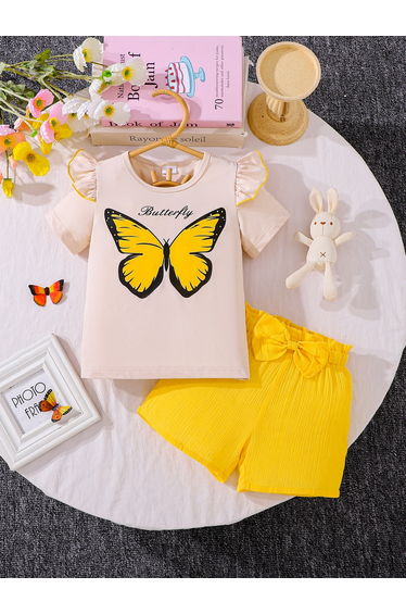 Girls Butterfly Print Short Sleeve Top and Shorts Set