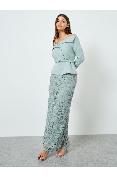 Women Blue Lace Off-Shoulder Sheath Maxi Dress