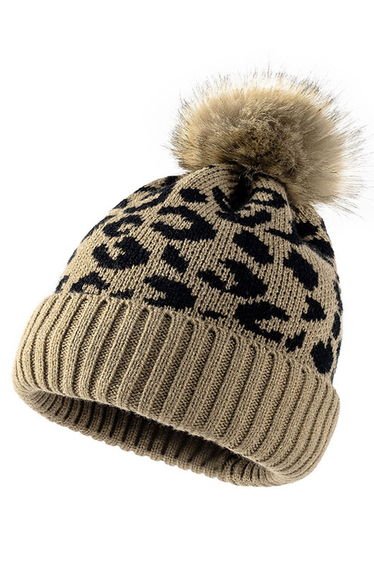 Fuzzy Pom-Pom Leopard Knit Beanie Hat in Khaki