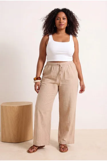 Beige -Black Striped Wrinkled Look Woven Summer Wide Leg Plus Size Trousers