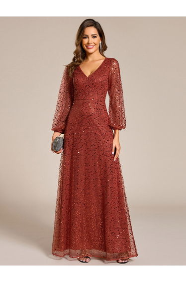 ever RAYVEN|Shimmering All Over V-Neck Long Lantern Sleeve Sequin A-Line Evening Dress