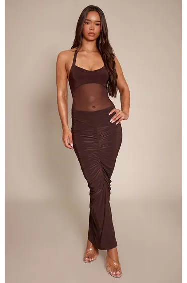 Dark Chocolate Bust Detail Mesh Halterneck Bodysuit