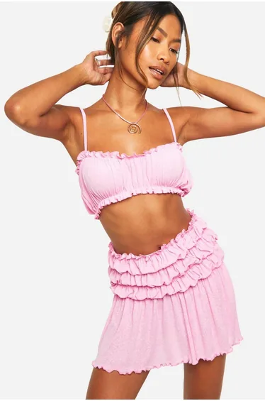 Onion Skin Bralet And Matching Ruched Mini Skirt - pink