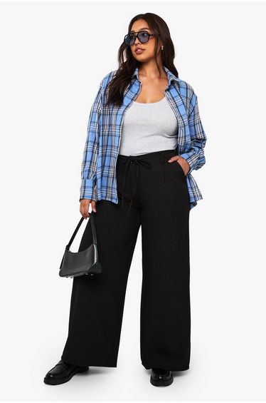 Plus Woven Elasticated Back Tie Belt Wide Leg Trouser