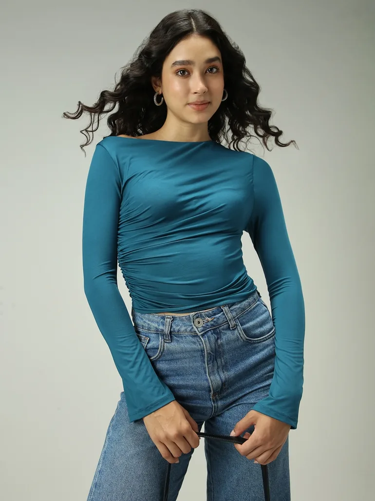 Green Asymmetric Neck Ruched Top - 2