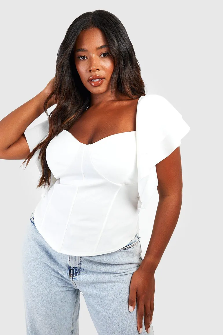 Plus Ruffle Sleeve Corset Top - white