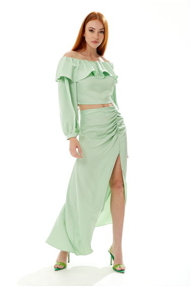Women's Mint Green Gathered Detail Maxi Skirt with Front Slit - Regular Fit, Plain Design, by Liquorish