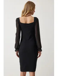 Women's Black Chiffon Detailed Zippered Ribbed Knitted Dress - 1