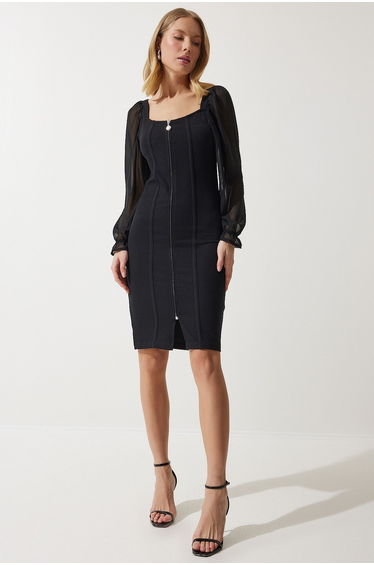 Women's Black Chiffon Detailed Zippered Ribbed Knitted Dress