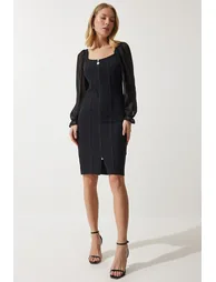 Women's Black Chiffon Detailed Zippered Ribbed Knitted Dress