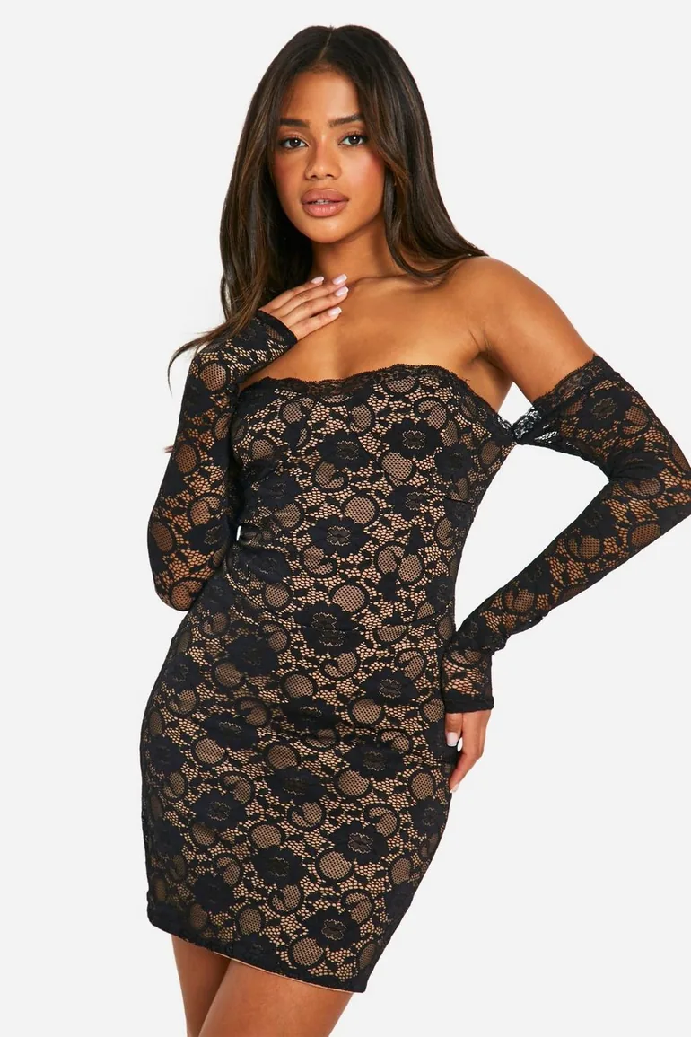 Shop Bengaline Lace Layered Mini Dress - black Online in Oman