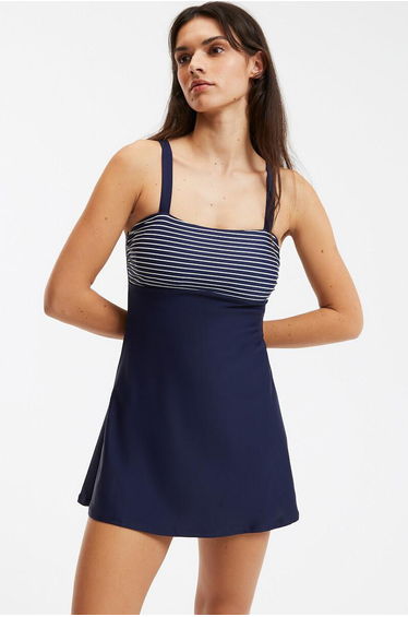 1 Piece Swimming Costume with Skirt and Sailor Stripes
