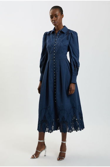 Petite Cotton Cutwork Balloon Sleeve Woven Midi Dress