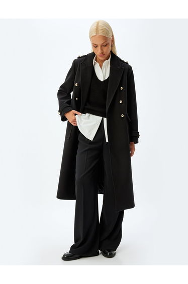 Extra Long Cashmere Coat with Epaulette Detail and Buttoned Pockets