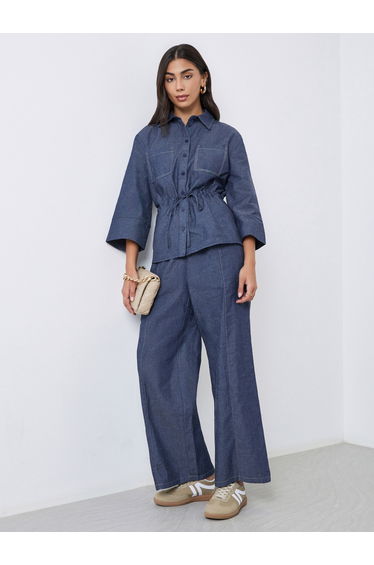 Dark Blue Plain Wide Leg Pants with Belt Loops