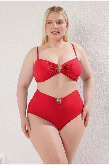 Red High Waist Accessory Detail Plus Size Bikini Bottoms