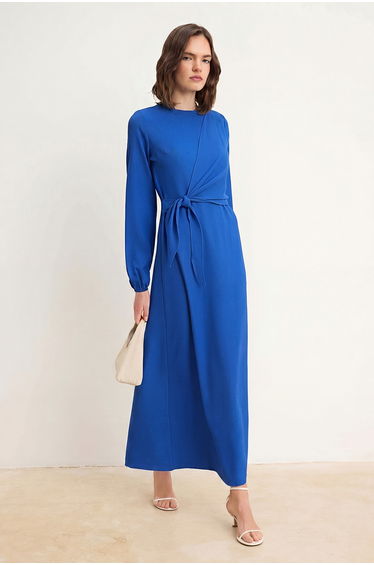 Saks Unlined Linen Look Hijab Dress with Tie Detail