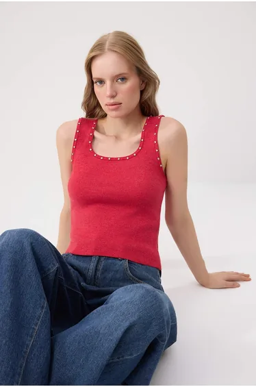 Red Premium Yarn/Special Yarn Stone Embellished Knitwear Blouse