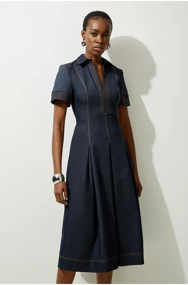 Tailored Denim Full Skirted Midi Shirt Dress