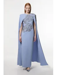 Petite Placed Floral Crystal Embellished Tailored Drama Cape Maxi Dress