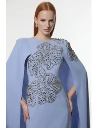 Petite Placed Floral Crystal Embellished Tailored Drama Cape Maxi Dress - 1