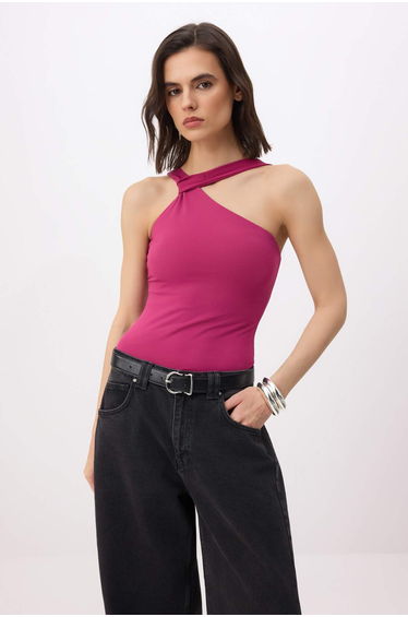 Fuchsia Plain Fitted Asymmetric Collar Sleeveless Snap Fastener Stretchy Knitted Bodysuit