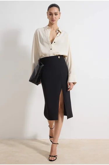 Black Fish Accessory Detailed Regular Waist Midi Scuba Crepe Knitted Skirt