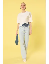 بلوزة محبوكة قصيرة لون كريمي - 1