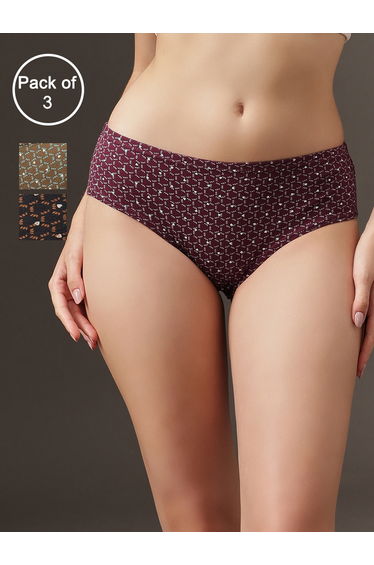 Pack of 3 - Mid Waist Printed Hipster Panties with Inner Elastic
