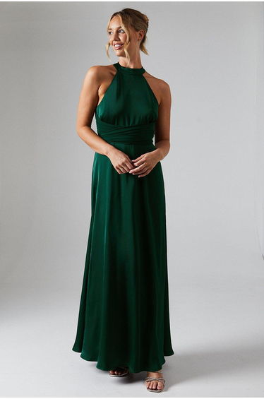 Wrap Waist Detail Satin Halter Neck Dress