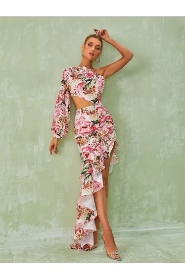 Aiyana One Shoulder Floral Maxi Dress In Pink