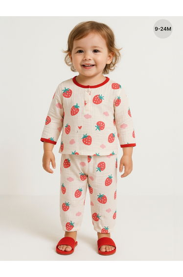 Baby Girls Strawberry Print Muslin Cotton Top and Pyjama Set