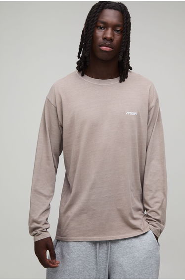 Regular Man Sport Embroidered Washed Long Sleeve T-Shirt - stone