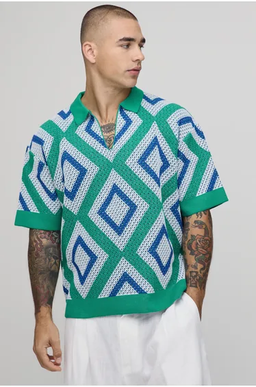 Oversized Boxy Crochet Tapestry Knitted Polo - green