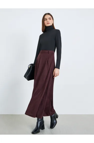 Women Brown Suede A-Line Midi Skirt