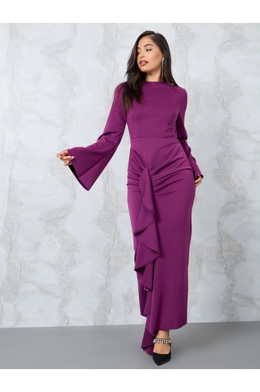 Ruffle Panel Bell Sleeve Bodycon Maxi Dress