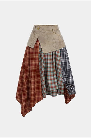 Plaid Contrast Print Faux Leather Patchwork Irregular Hem Skirt