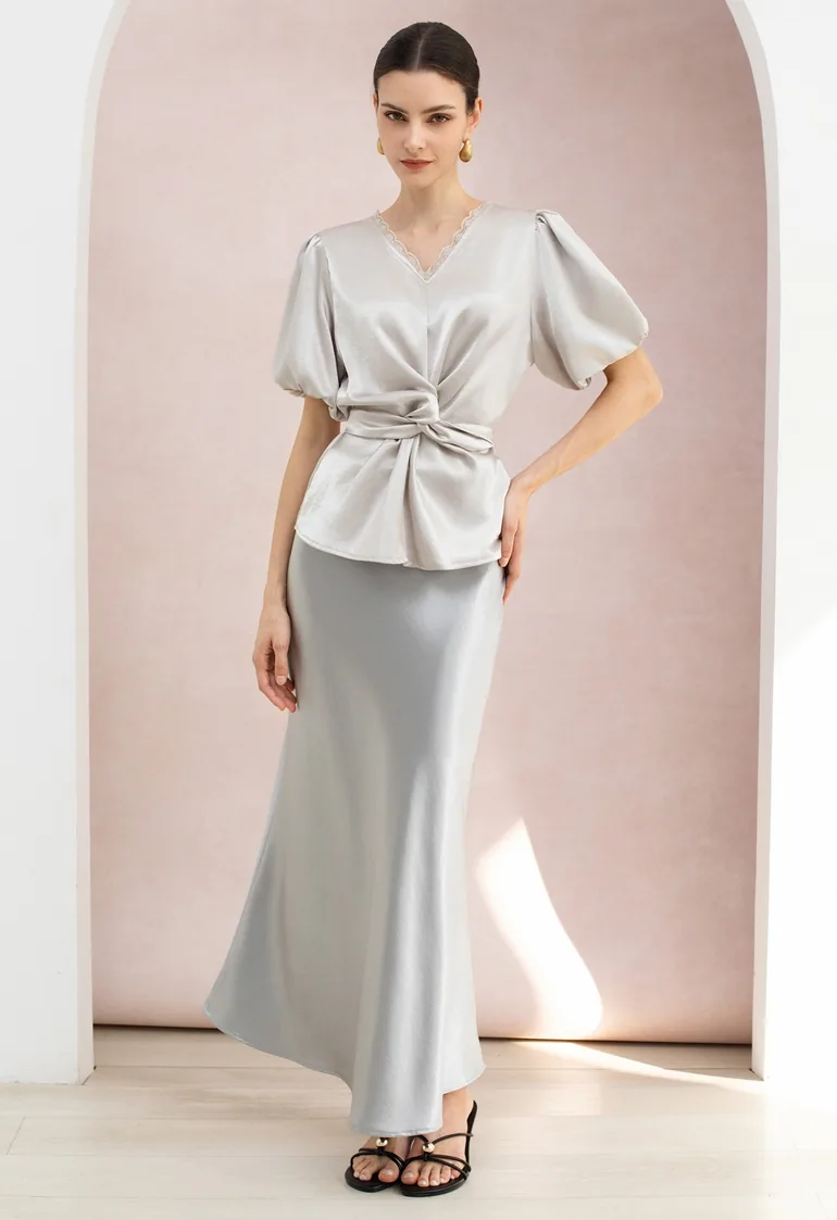 Lace Trim V-Neck Tie-Back Satin Top in Silver for Bridal Events & Date Night