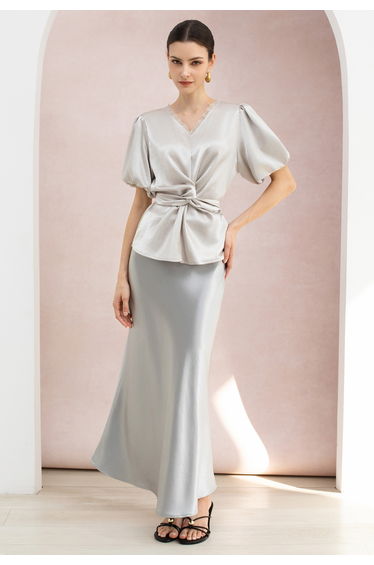 Lace Trim V-Neck Tie-Back Satin Top in Silver for Bridal Events & Date Night
