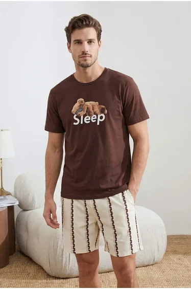 Brown Regular Fit Teddy Bear Printed Pajama Set