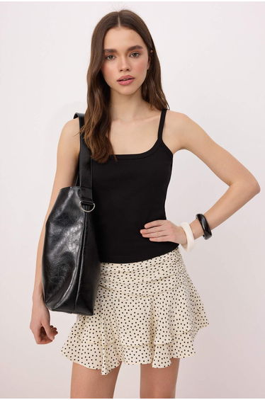 Black Fitted/Bodycon Pool Collar Thin Strap Sleeveless Cotton Ribbed Knitted Tank Top