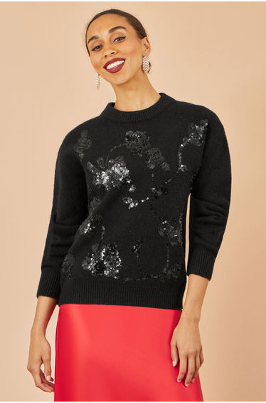 Yumi Black Relaxed Knitted Jumper With Sequin Detail