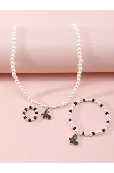 Girls Multi-Color Butterfly Charm Pearl Beaded Nacklace, Bracelet and Ring Set