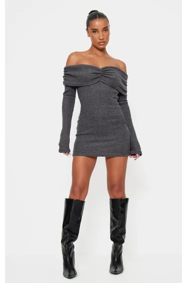 Grey Brushed Rib Bardot Long Sleeve Bodycon Dress