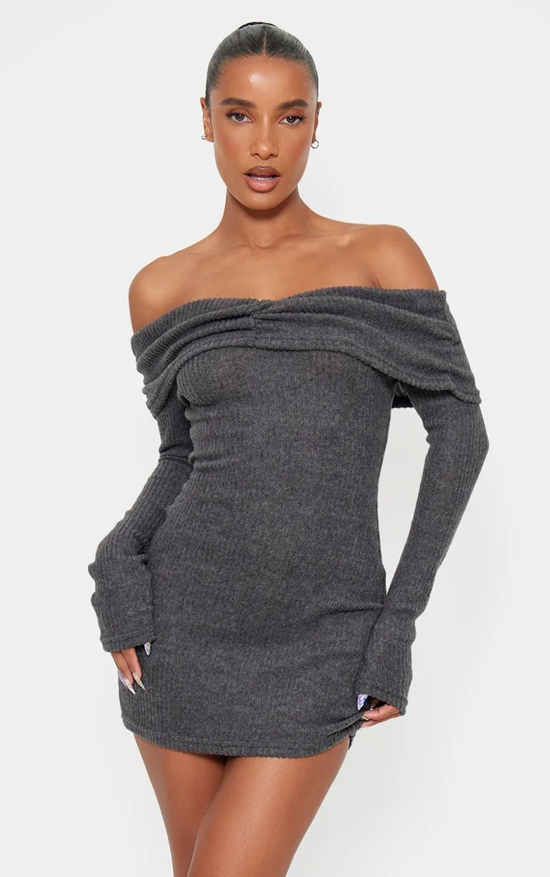 grey long sleeve bodycon dress boohoo Women's Square Neck Modal Long Sleeve Bodycon Dress - Grey
