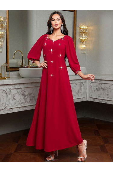 Women Red Rhinestone Embellished Jalabiya
